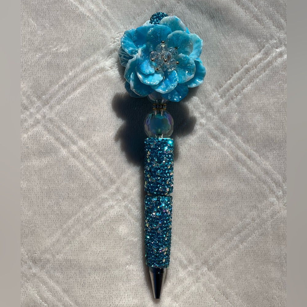 Rhinestone handmade bling sparkle blue flower bead pen